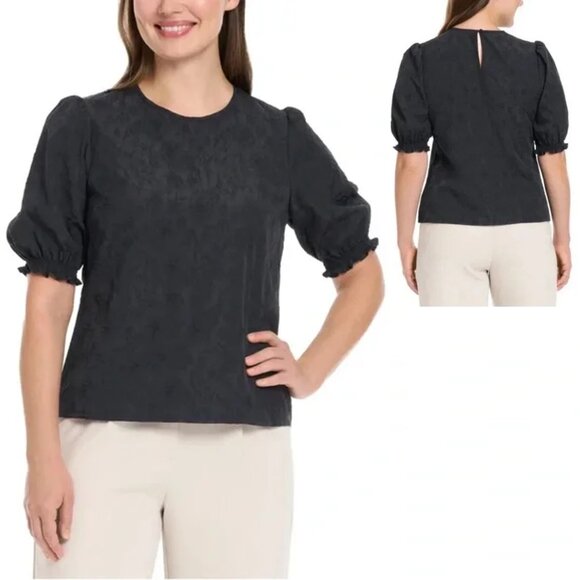 NWT New Ted Baker Puff Short Sleeve Textured Floral Black Blouse Size XL - Picture 1 of 10